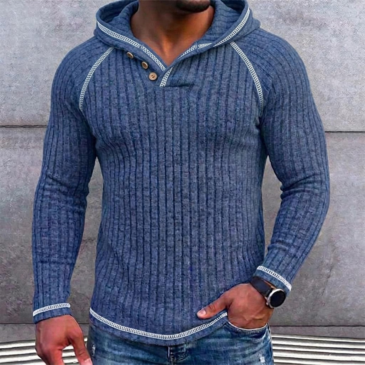 Fleece Ribbed Knit Hooded Henley Shirt