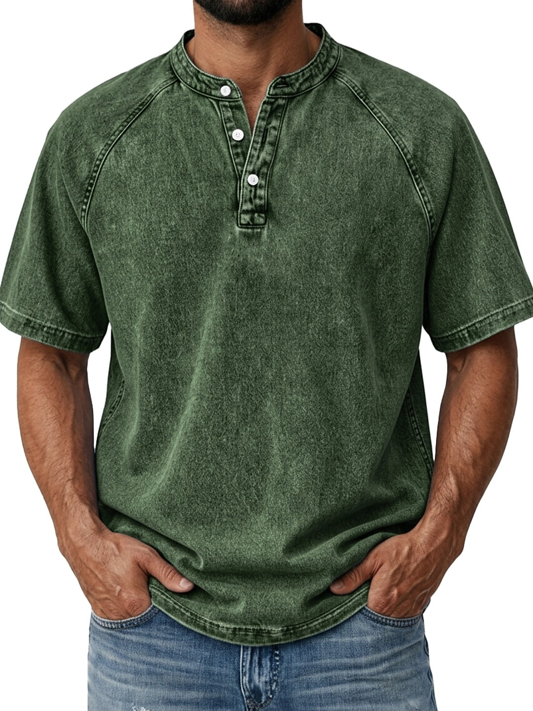 Men's Retro Henley Tee-100% Cotton, Vintage Washed Short Sleeve