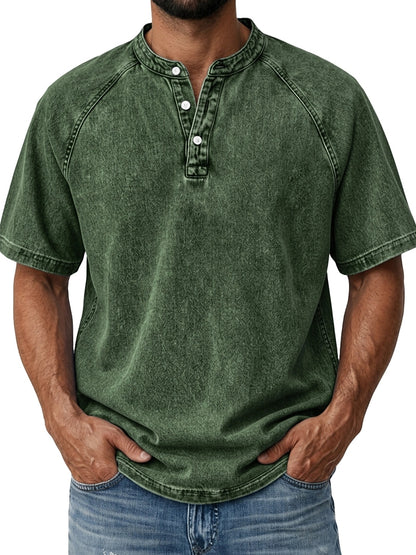 Men's Retro Henley Tee-100% Cotton, Vintage Washed Short Sleeve