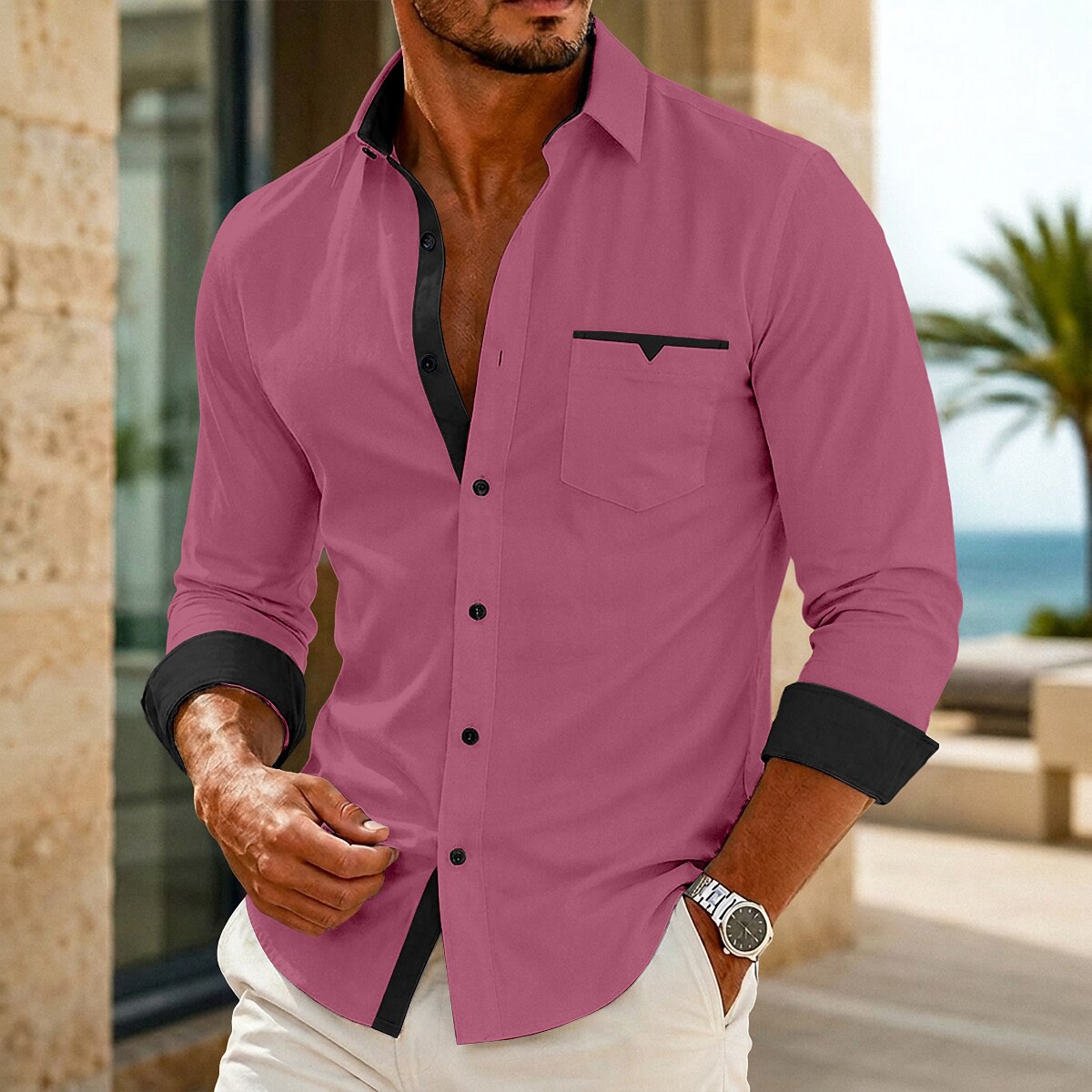 Colorblock Button Up Dress Shirt