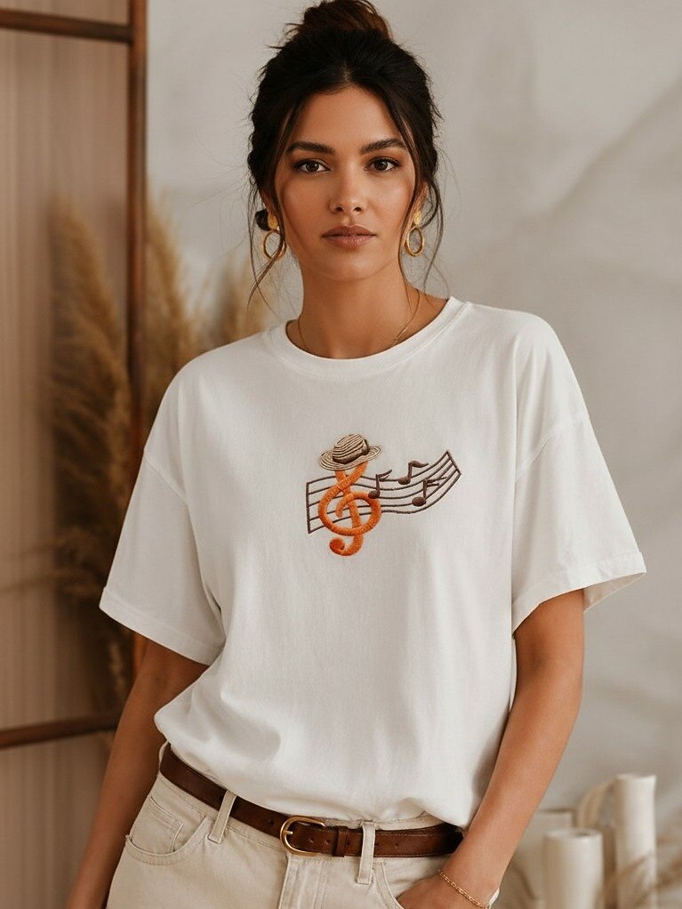 Woman wearing a white LoomBasics embroidered 100% cotton music tee with a treble clef design.