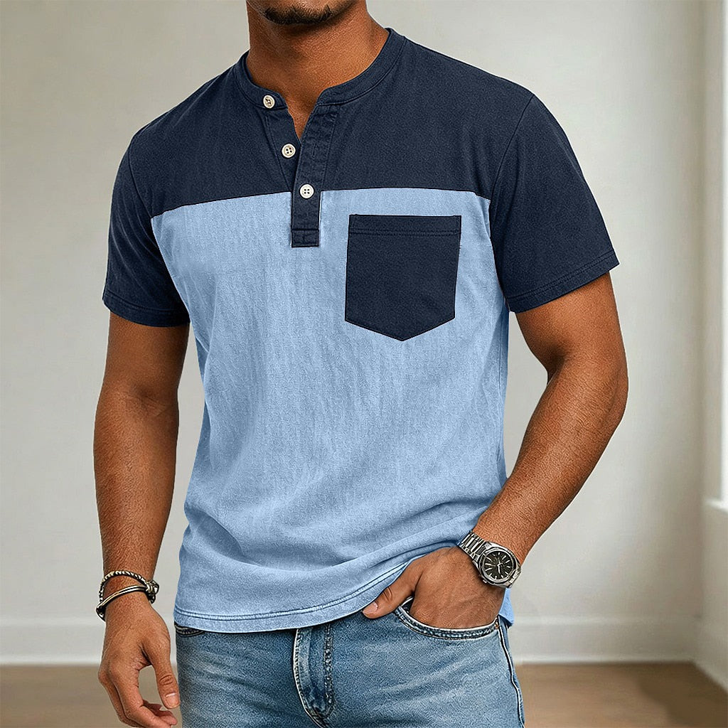 100%Cotton Color Block Henley T-Shirt
