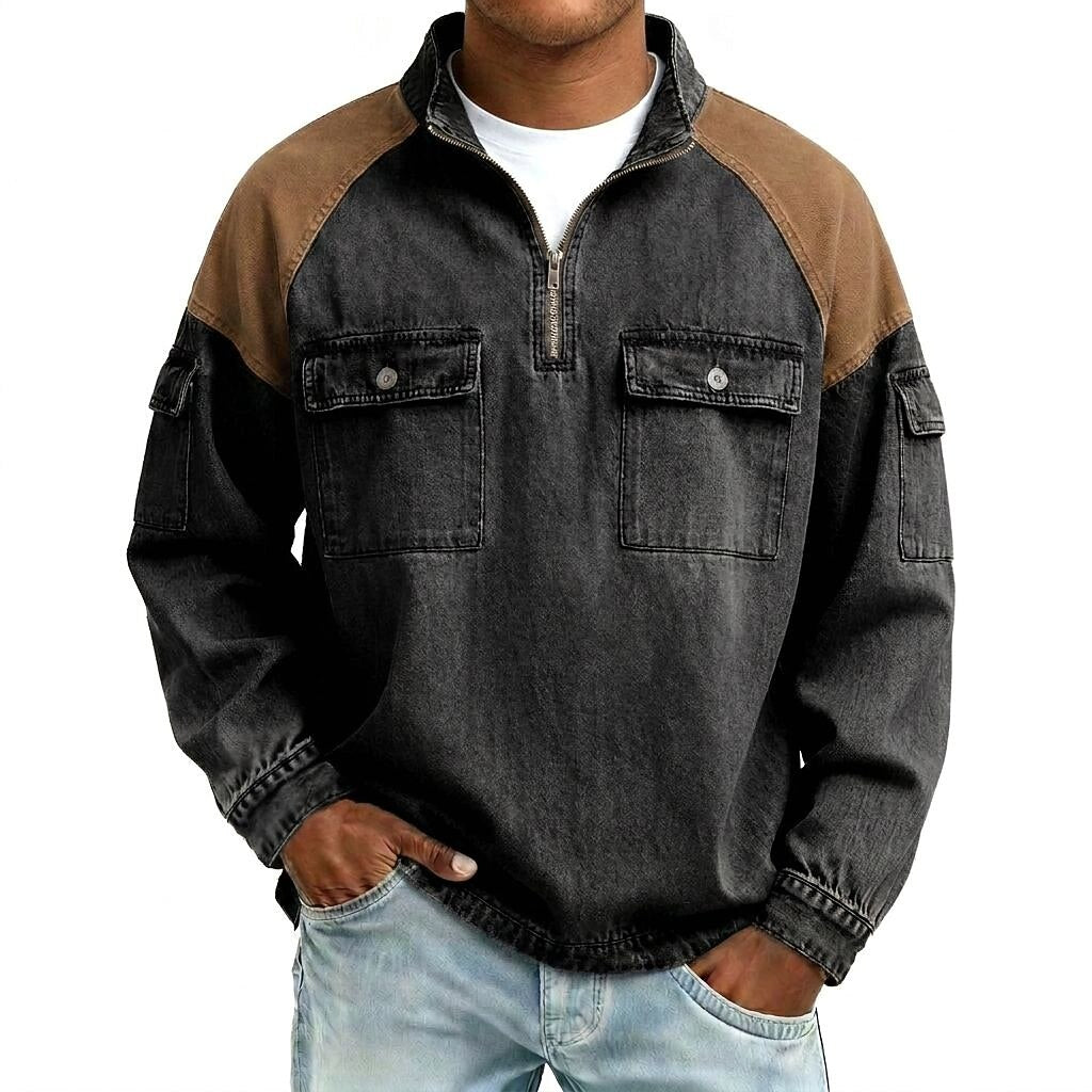 Broken-in Cotton Colorblock Zipped Henley Shirt