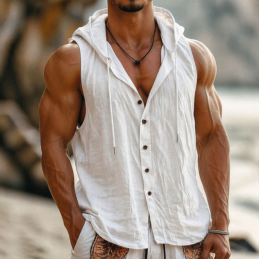 Hooded Sleeveless Cotton Linen Shirt - Light & Comfortable