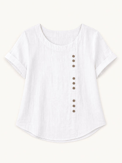 LoomBasics white 100% cotton short sleeve blouse with decorative side buttons