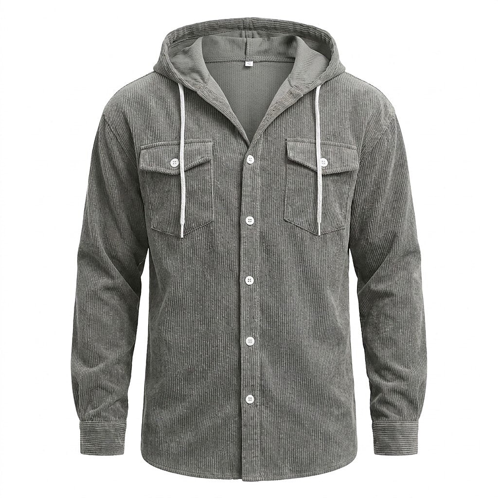 Textured Corduroy Hooded Shirt With Pocket