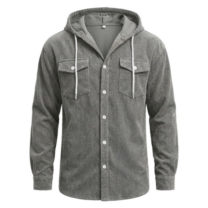 Textured Corduroy Hooded Shirt With Pocket