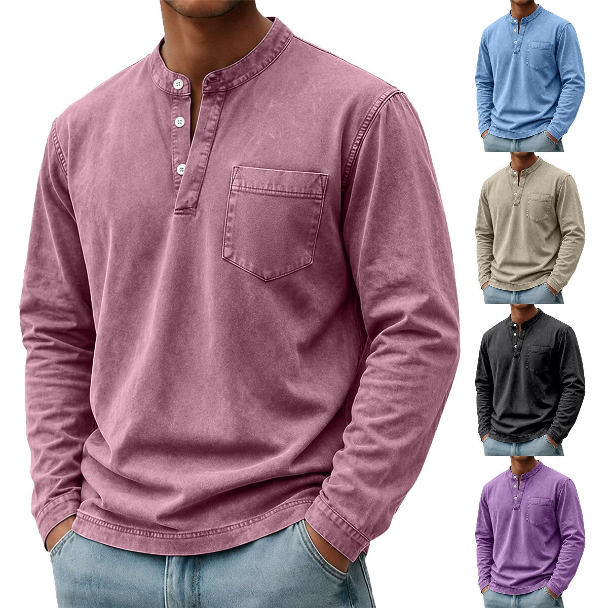 100% Cotton Henley T-Shirt-Vintage Washed Look