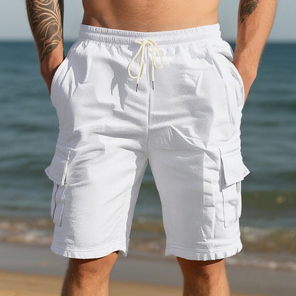 Men's Linen Shorts-Summer Drawstring Shorts with Multiple Pockets
