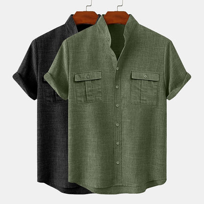 2-Pack Band Collar Linen Shirts