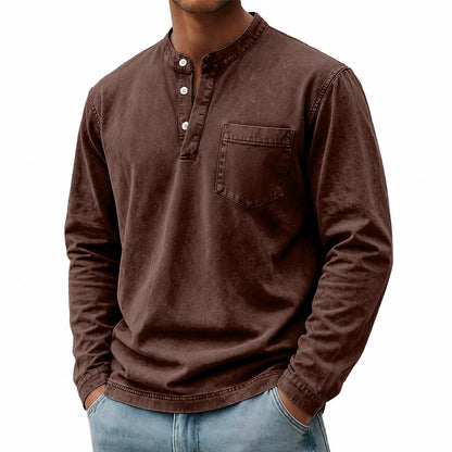 100% Cotton Henley T-Shirt-Vintage Washed Look