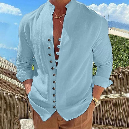 Men's Cotton Linen Shirt- Button-Up Band Collar