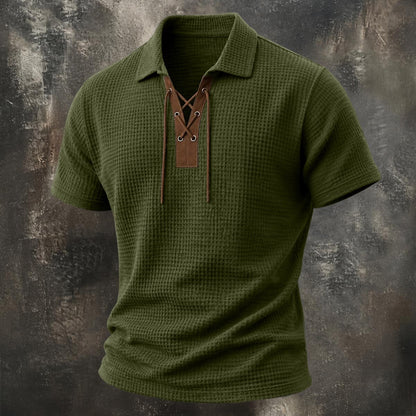 Vintage Lace-Up Collar Waffle Henley Shirt