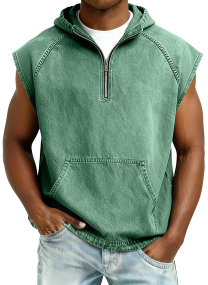 Men's Acid Washed Cotton Tank Top -Sleeveless Hooded Zip Top