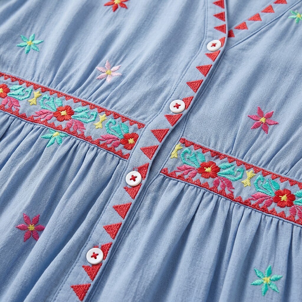 Close-up of a light blue LoomBasics cotton mini dress with colorful floral embroidery and red accents.