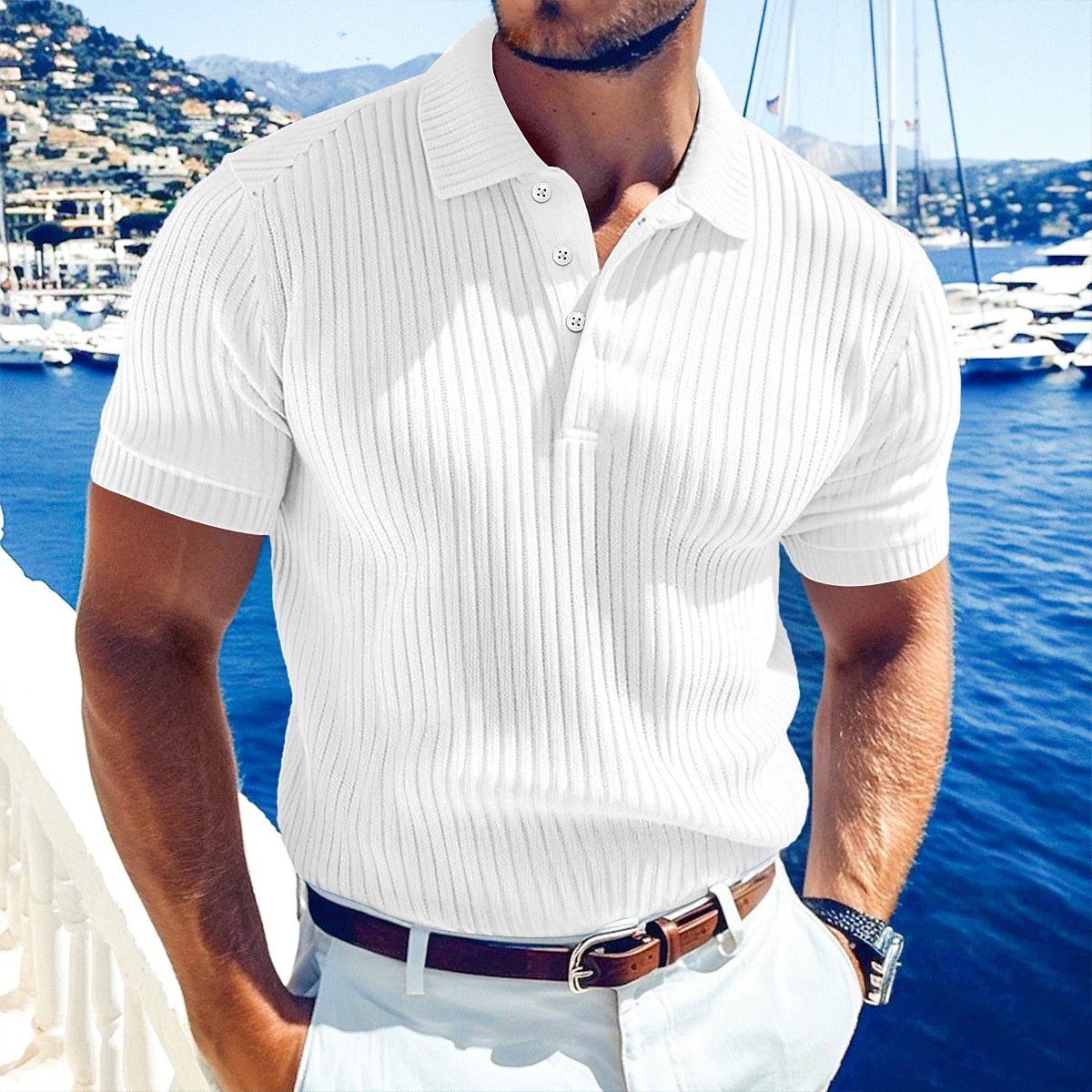 Men's Rib Knit Polo-Casual Short Sleeve Polo