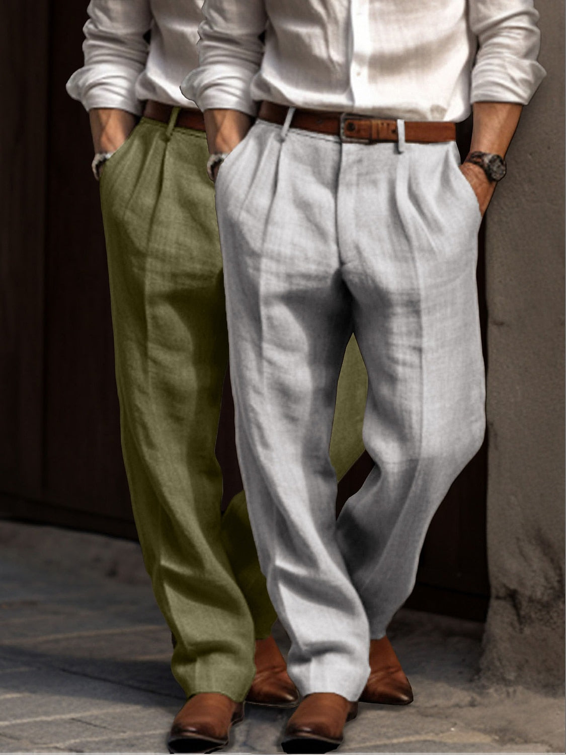 Men's Linen Dress Pants - Pleated Pants Straight Leg for Summer Comfort