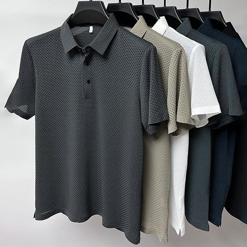 Basic Waffle Polo Shirt-Casual Short Sleeve Men's Top