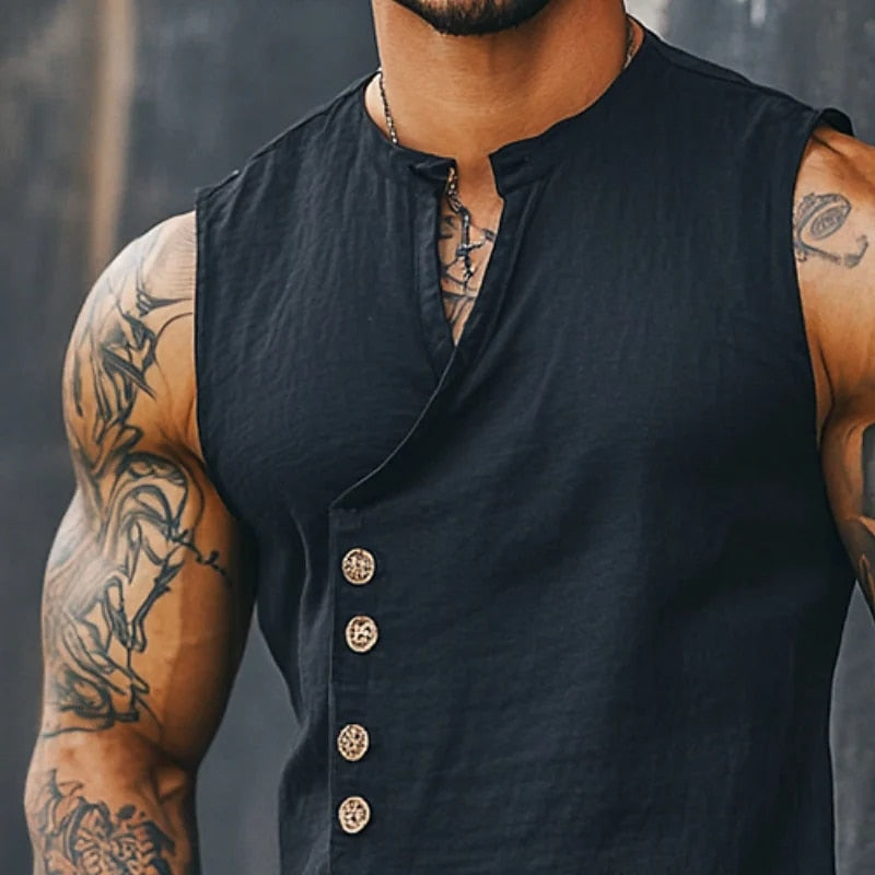 Men’s Sleeveless Linen Shirt - Mandarin Collar