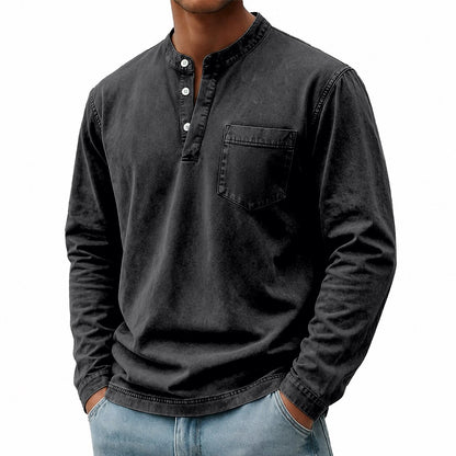 100% Cotton Henley T-Shirt-Vintage Washed Look