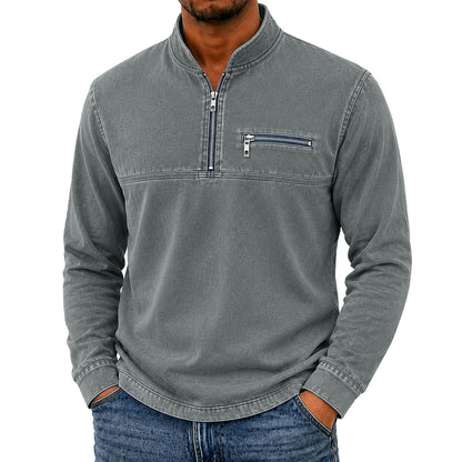 Vintage Washed Cotton Quarter Zip Henley Shirt