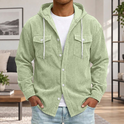 Textured Corduroy Hooded Shirt With Pocket
