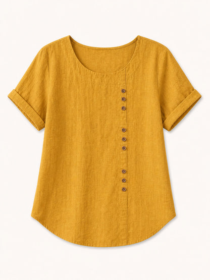LoomBasics mustard yellow 100% cotton short sleeve blouse with front button detailing