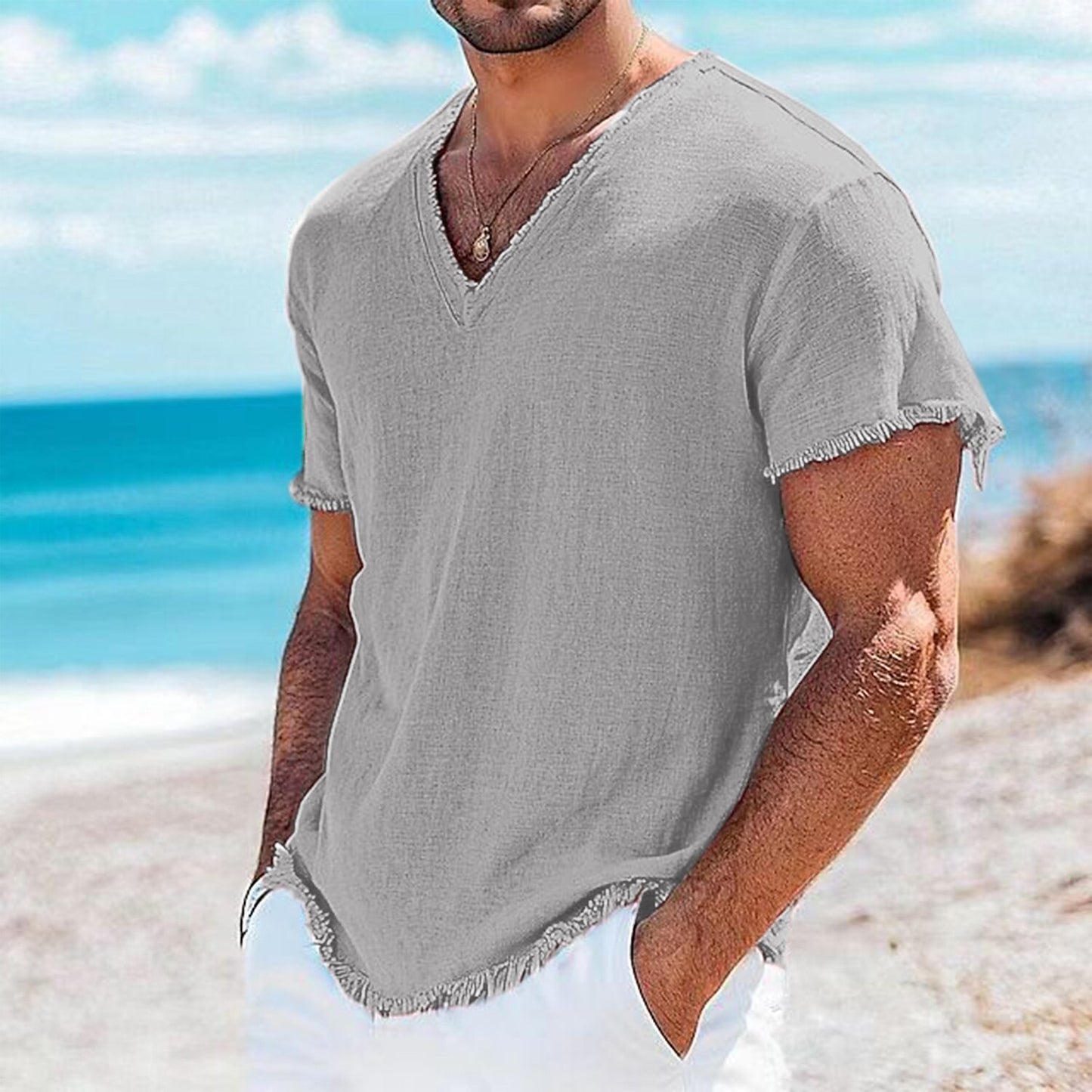 Breathable V-neck Linen Shirt