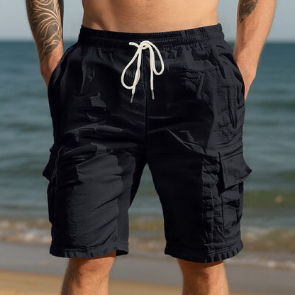 Men's Linen Shorts-Summer Drawstring Shorts with Multiple Pockets