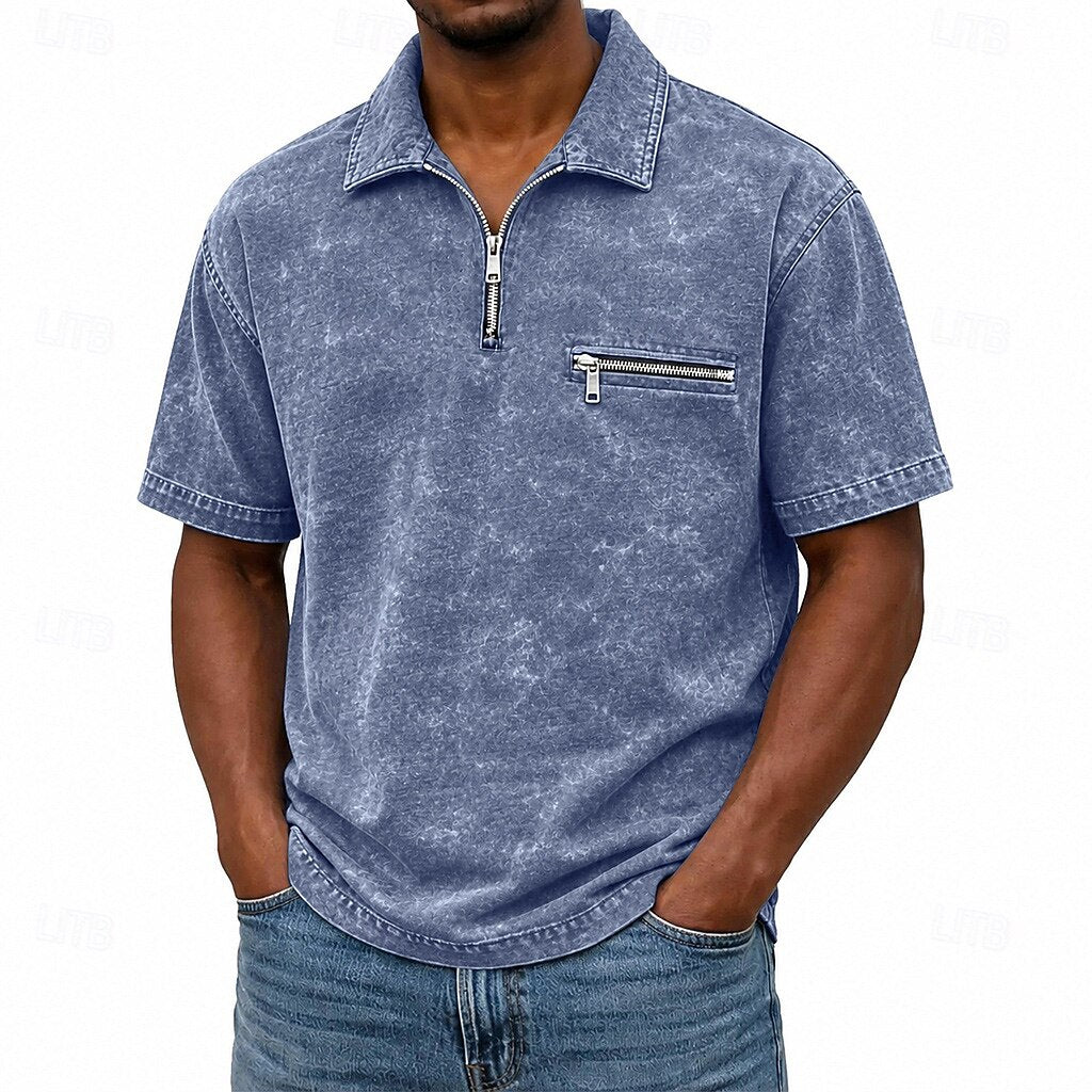 Zip Up Washed Cotton Polo