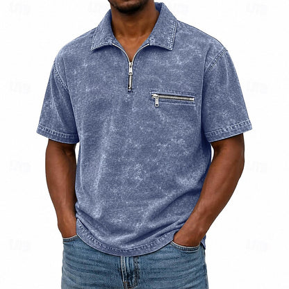 Zip Up Washed Cotton Polo