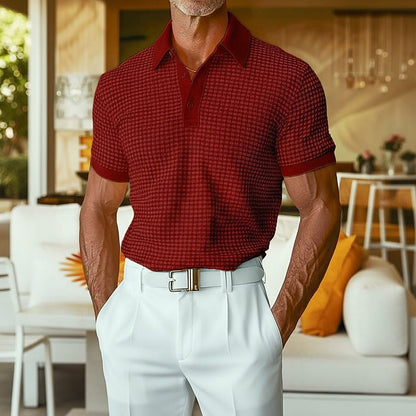 Textured Waffle Polo-Soft Summer Lapel Collar Shirt