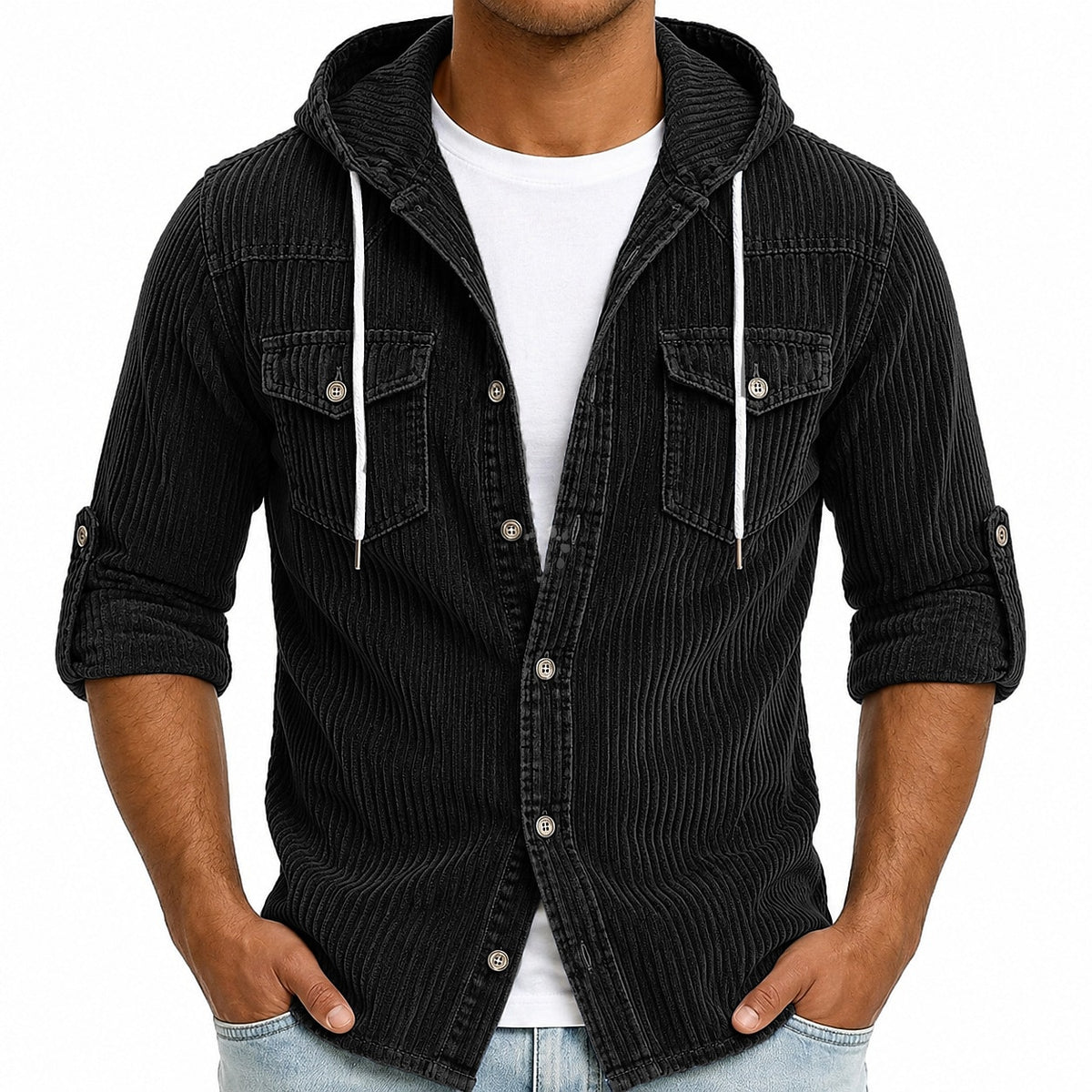 Textured Corduroy Hooded Cargo Shirt