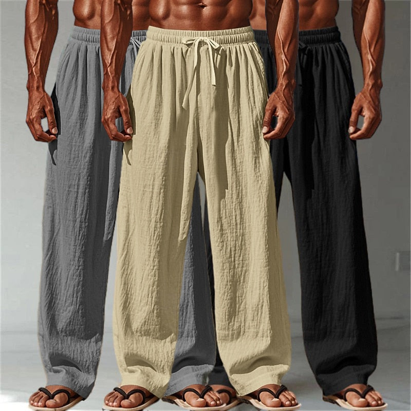 3PCS Cotton Linen Pants - Baggy Drawstring Casual Pants