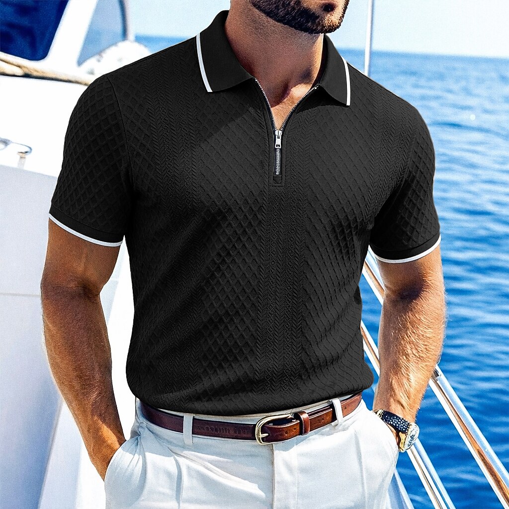 Zipper Textured Waffle Polo