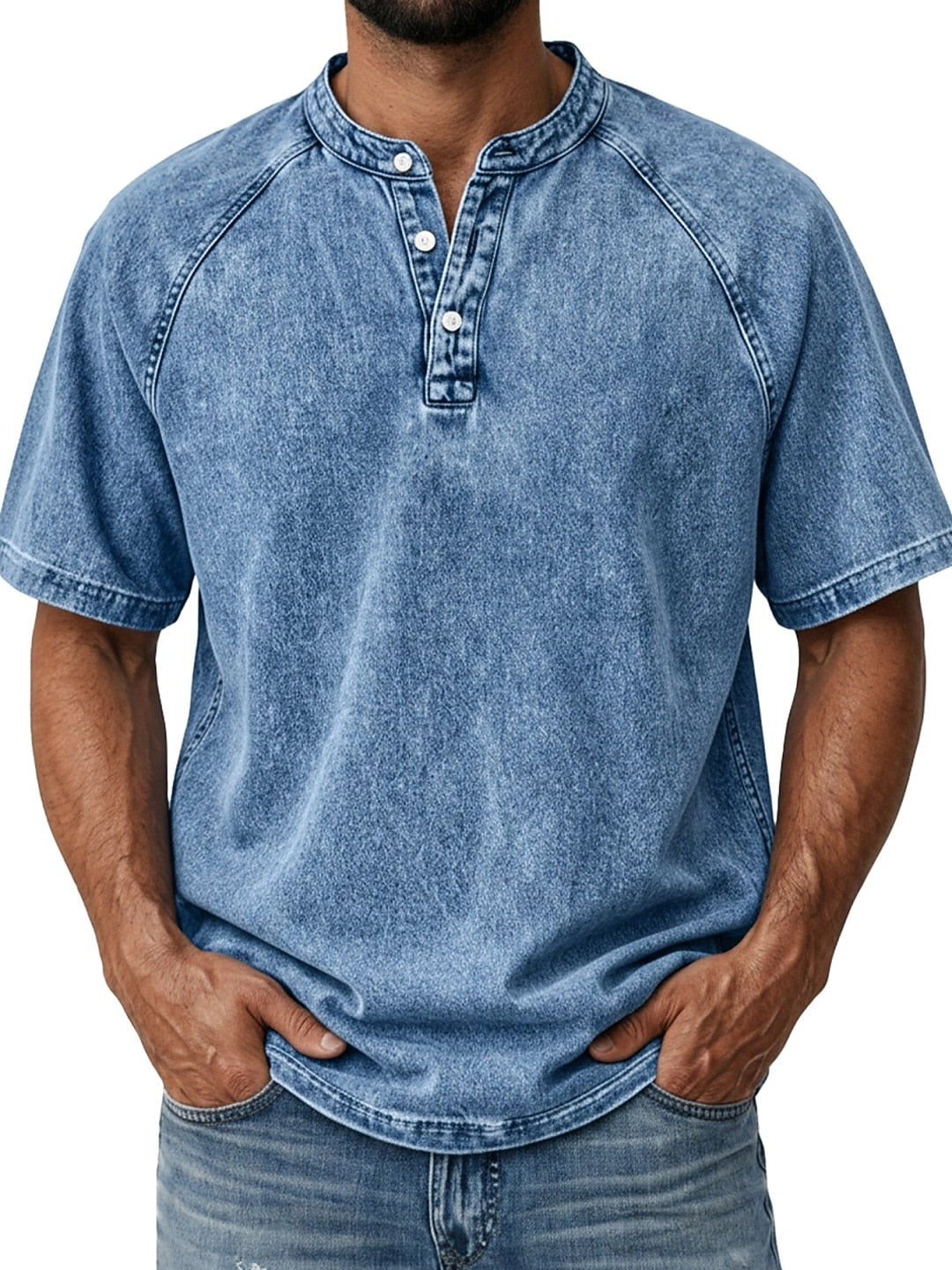 Men's Retro Henley Tee-100% Cotton, Vintage Washed Short Sleeve