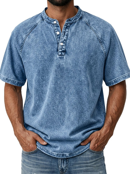 Men's Retro Henley Tee-100% Cotton, Vintage Washed Short Sleeve
