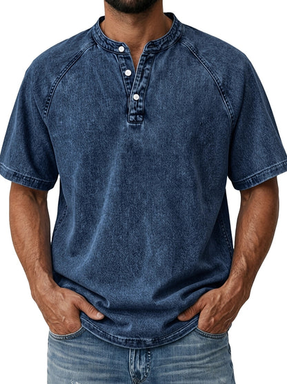Men's Retro Henley Tee-100% Cotton, Vintage Washed Short Sleeve