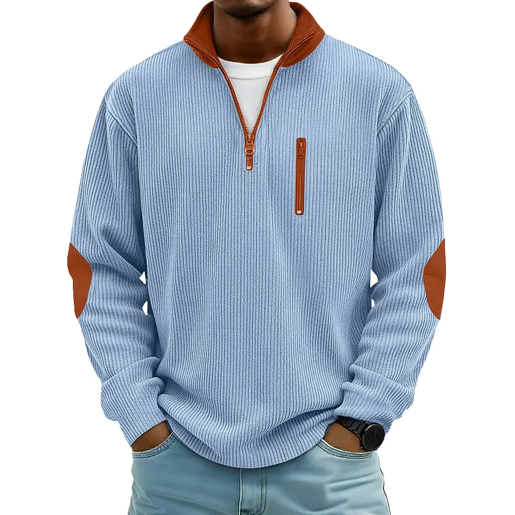 Patchwork Corduroy Zipped Henley Shirt