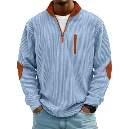Patchwork Corduroy Zipped Henley Shirt