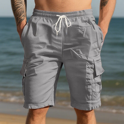 Men's Linen Shorts-Summer Drawstring Shorts with Multiple Pockets