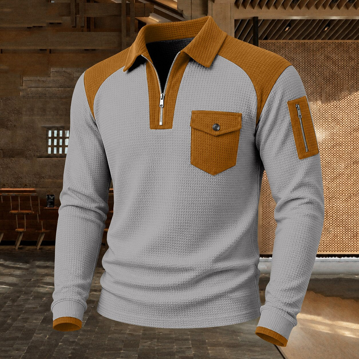 Colorblock Quarter Zip Waffle Polo