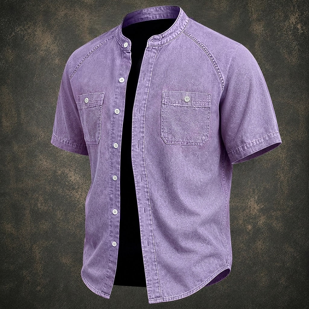 Washed Cotton Grandad Collar Shirt