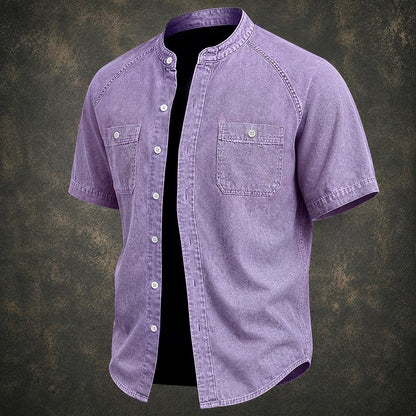 Washed Cotton Grandad Collar Shirt