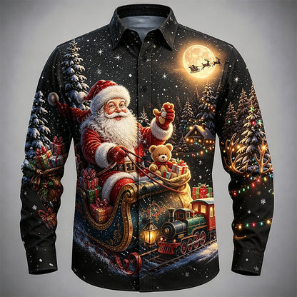 Santa Christmas Tree Ugly Button Shirt