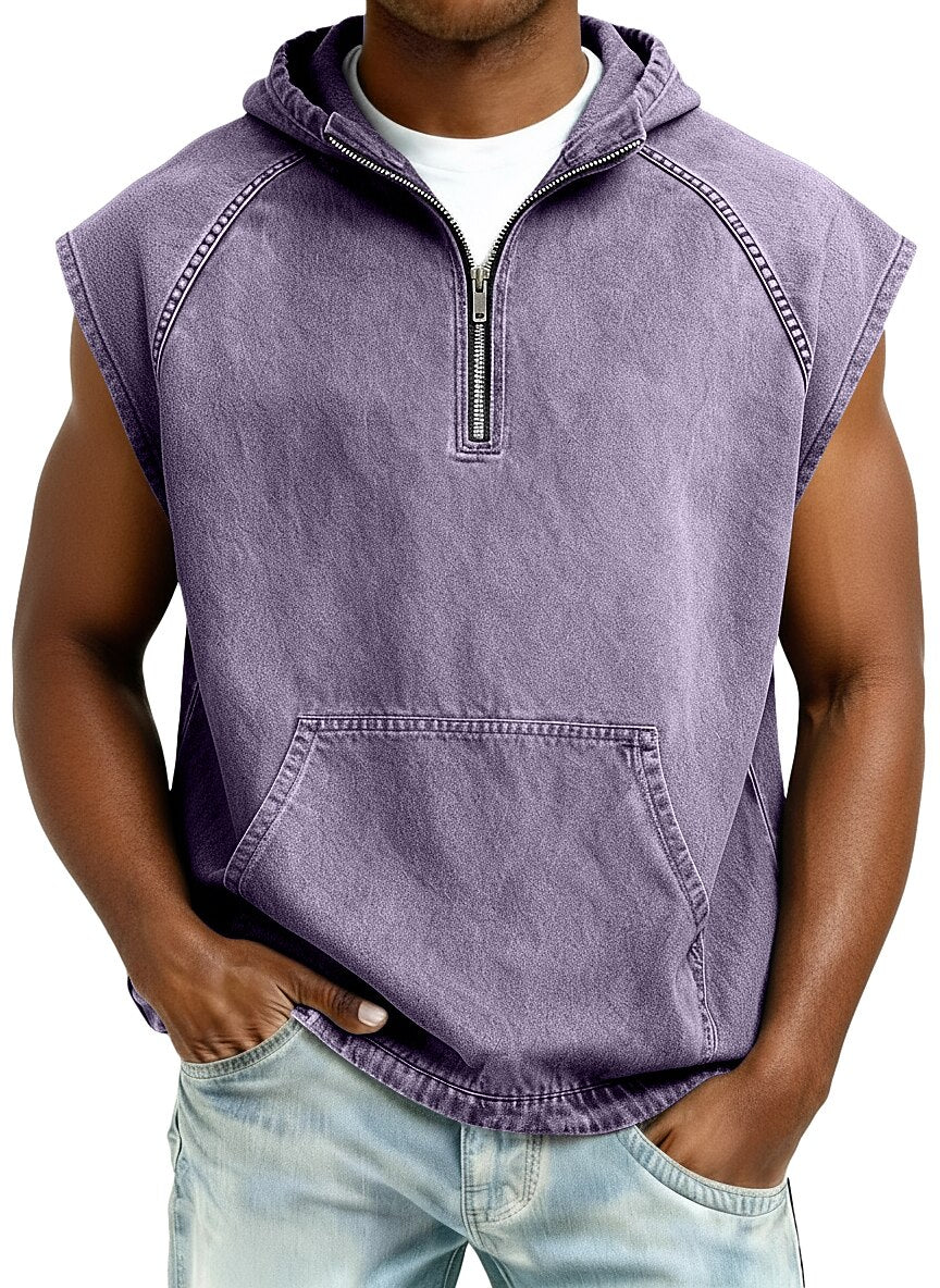 Men's Acid Washed Cotton Tank Top -Sleeveless Hooded Zip Top