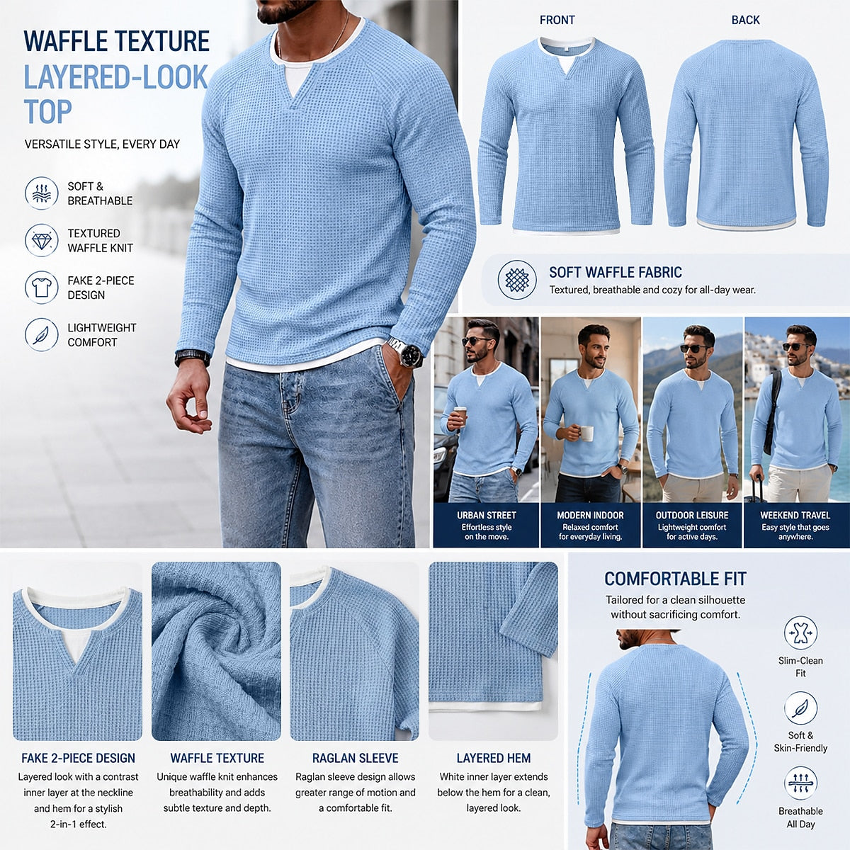 Colorblock V-neck Waffle Henley
